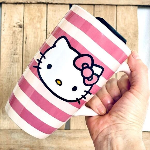 NWT Gorgeous Hello Kitty Pink Striped Glossy Ceramic Tall Travel Mug with lid - Picture 2 of 16
